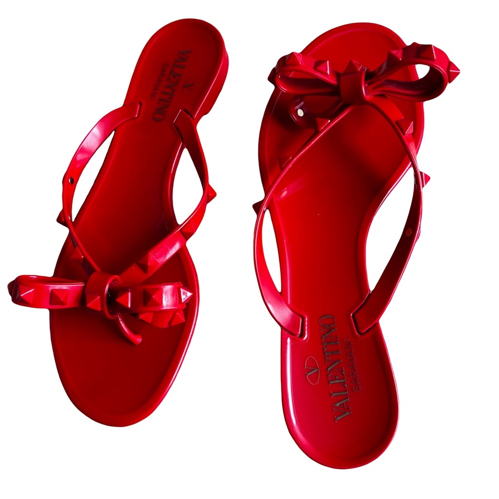 Valentino Red Studded Bow Rubber Sandals